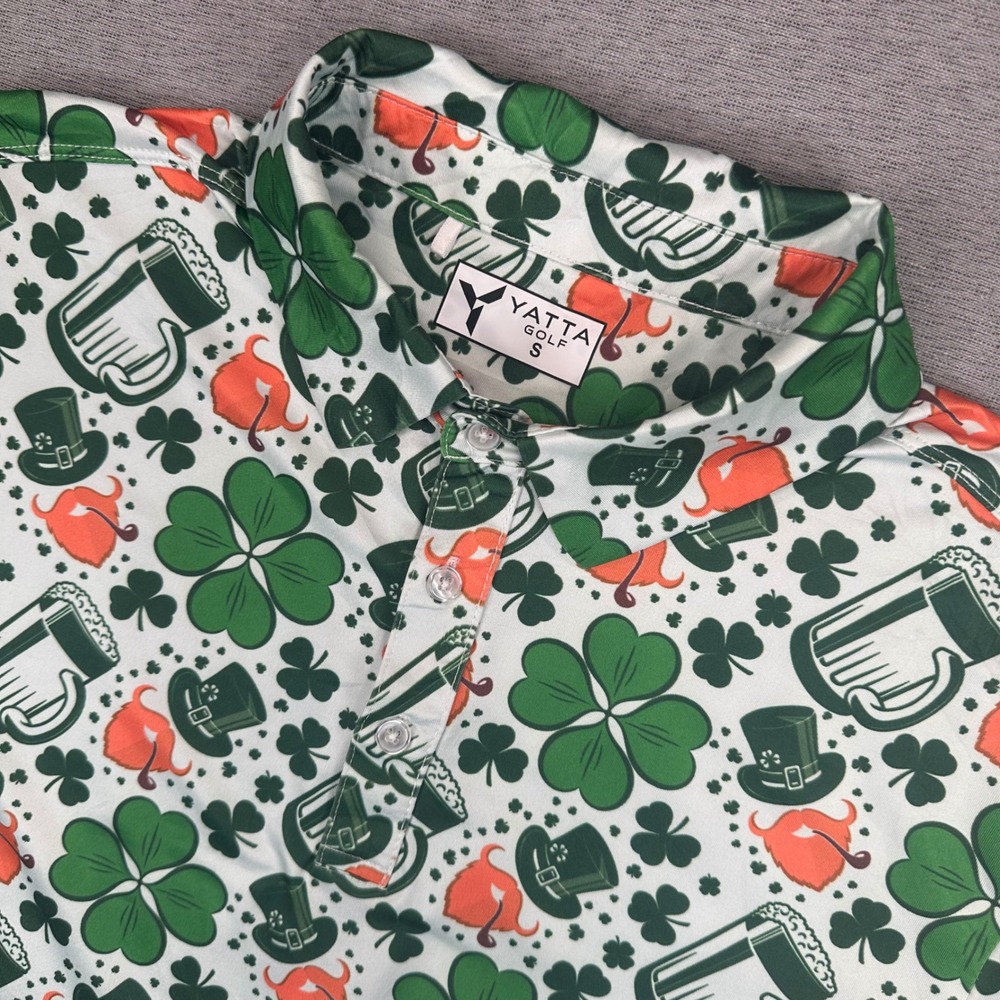 Yatta Golf St Patricks Day Polo Shirt Mens Small Green Clover Beer Performance‎